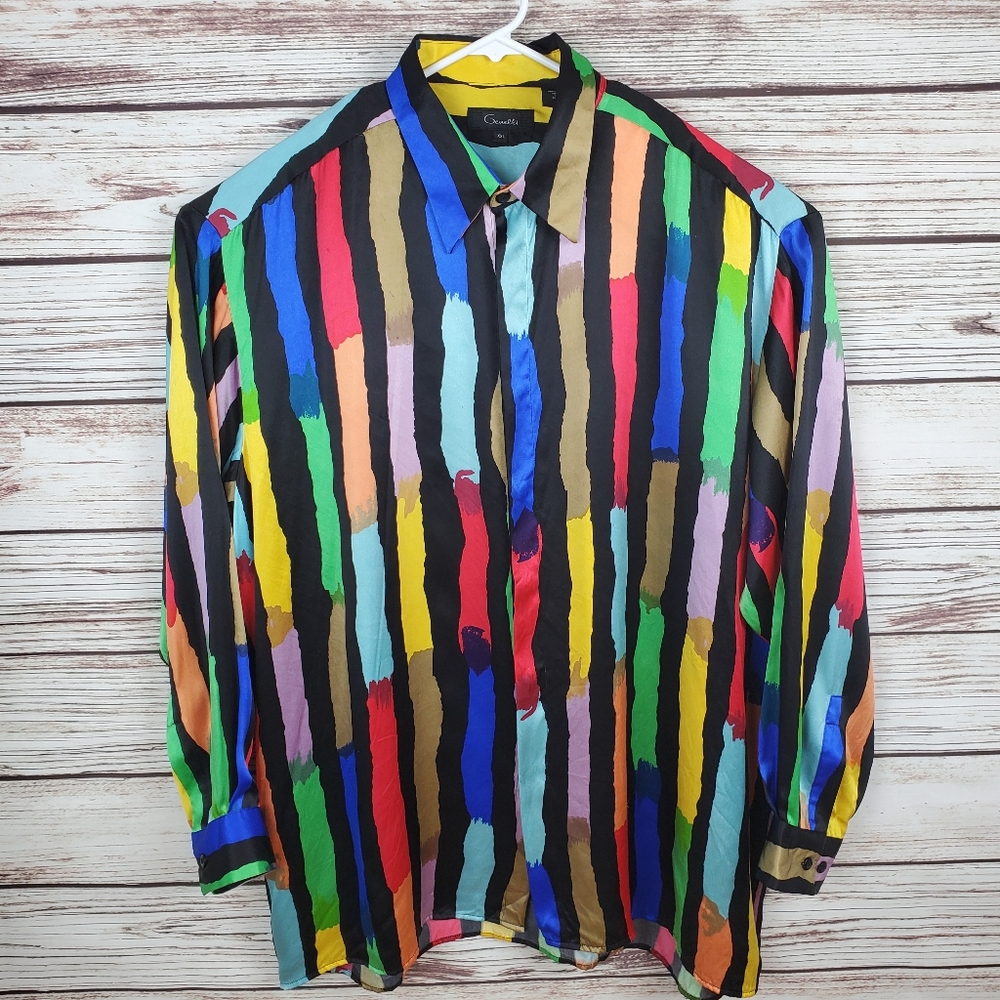 Genelli Men's XXL Vintage 90s 100% Silk Multi-Colored Button Down Shirt